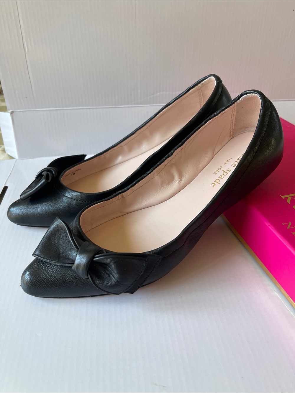 kate spade Black Leather Bow Pointed-Toe Flats